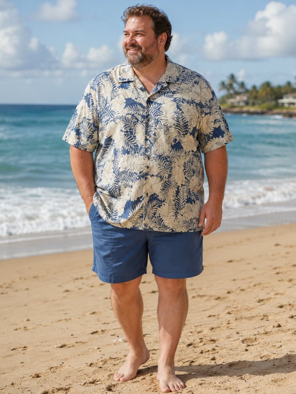 Men’s 3XL Beige & Navy Tropical Leaf Hawaiian Camp Shirt Short Sleeve Button-Up